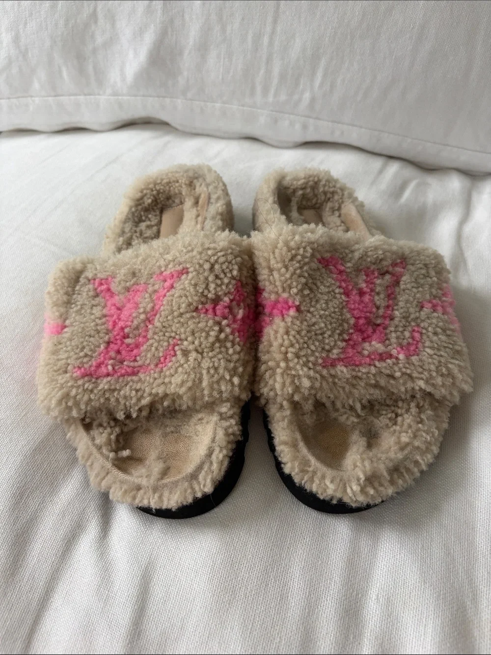Louis Vuitton Beige Shearling Slide Sandals with Pink LV Motif